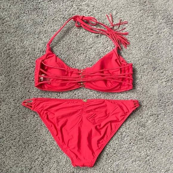 Pilyq Coral Red Bikini Set/PilyQ Rouge Braided Zen Bikini - Picture 4 of 10